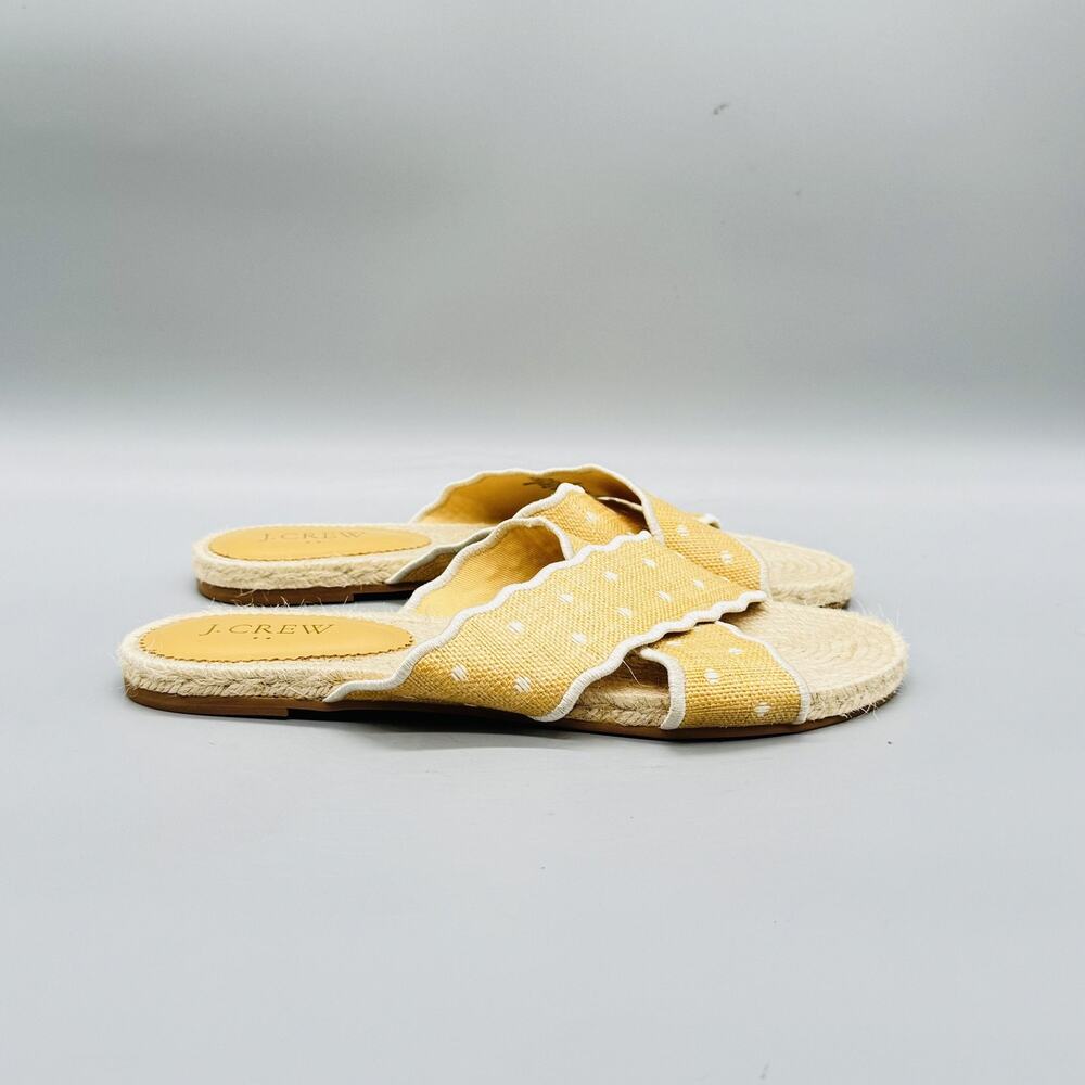 J Crew Sandals Womens 8 Beige Raffia Polka Dot Scalloped Espadrille Slide Shoes